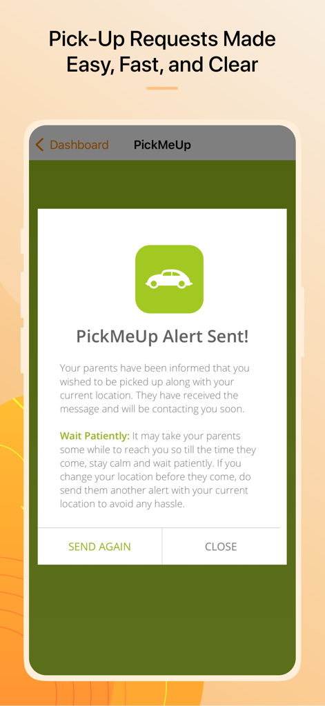 FamilyTime Jr. - FamilyTime Jr app showing a PickMeUp alert confirmation message