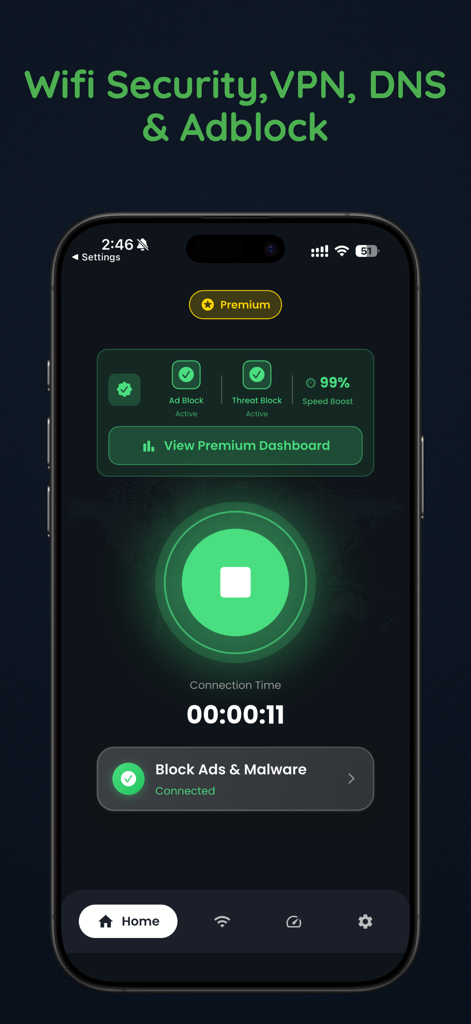 DNS Cloak: Secure VPN & Proxy - DNS Cloak app home screen showing an active connection with ad and threat blocking enabled