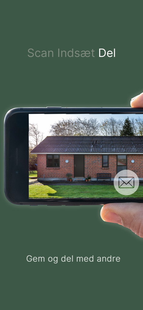 Una mano sosteniendo un teléfono inteligente que muestra una visualización RA de nuevas ventanas en una casa de ladrillos con un ícono para compartir