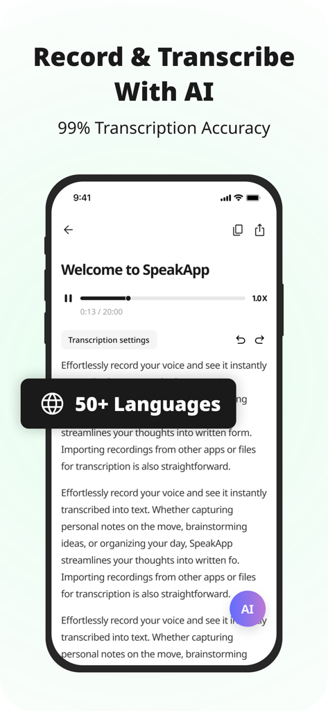 SpeakApp AI: Voice Notes - Interfaz móvil de SpeakApp AI mostrando transcripción de voz a texto y soporte para más de 50 idiomas