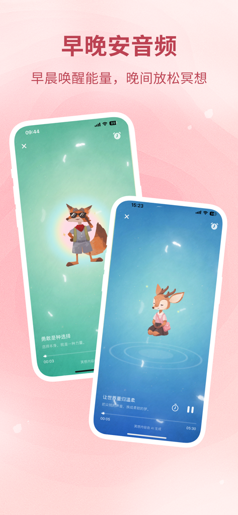 林间聊愈室-AI伙伴懂你情绪，陪你变好 - Two screenshots of the Woods Healing Room app showing morning energy and night meditation audio features with cute fox and deer AI characters.