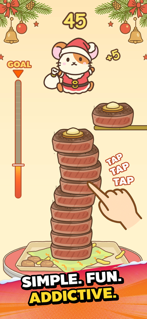 Hamster Jump: Cake Tower! - Hamster com fantasia de Papai Noel pulando para empilhar fatias de bife em um jogo de arcade para celular