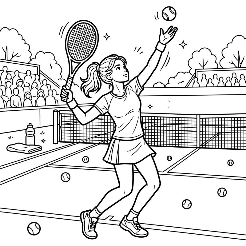 Capture the excitement of the court with this action-packed coloring page featuring a tennis player mid-serve. It's a fantastic way for sports enthusiasts to express their creativity and enjoy a moment of focused fun.