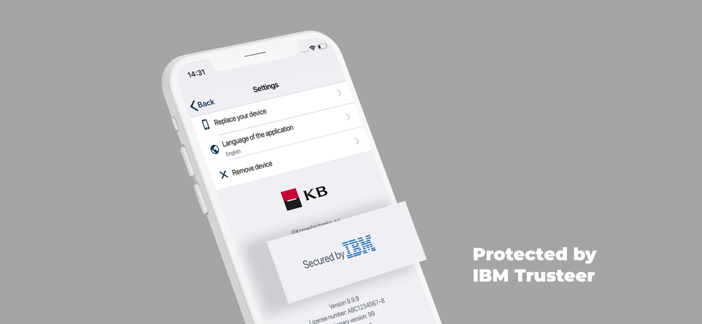 KB Klíč app settings screen showing device management options and IBM Trusteer security protection.