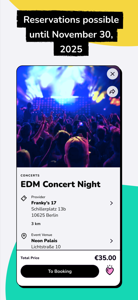 Interfaz de la aplicación móvil KulturPass DE que muestra una pantalla de reserva de conciertos de música electrónica con detalles del evento y precios