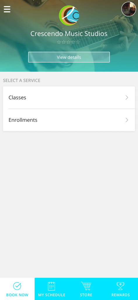 Crescendo Music Studios - Crescendo Music Studios app interface showing options to book classes and enrollments.