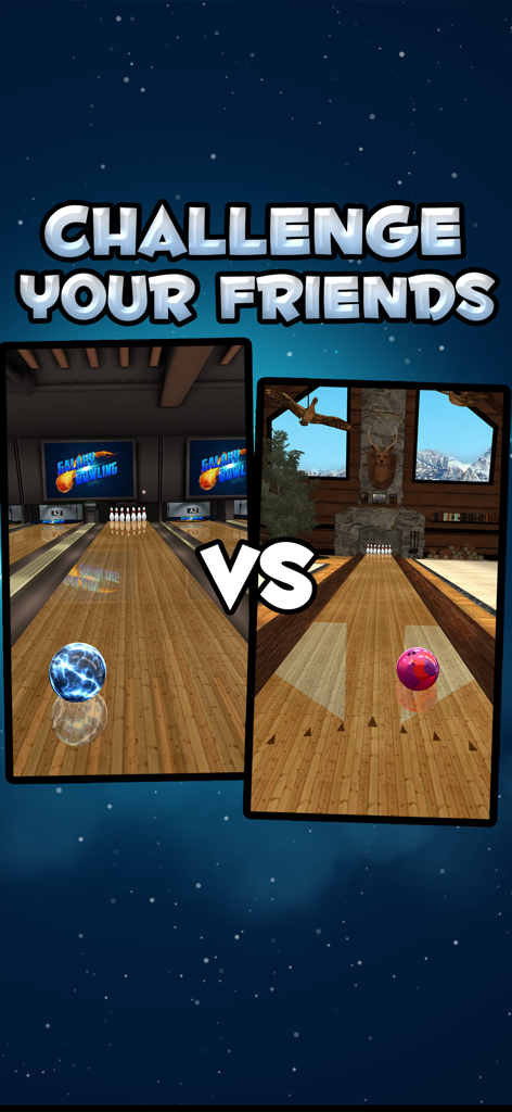 Galaxy Bowling HD - Split screen view of two different bowling alleys in Galaxy Bowling HD with text Challenge Your Friends