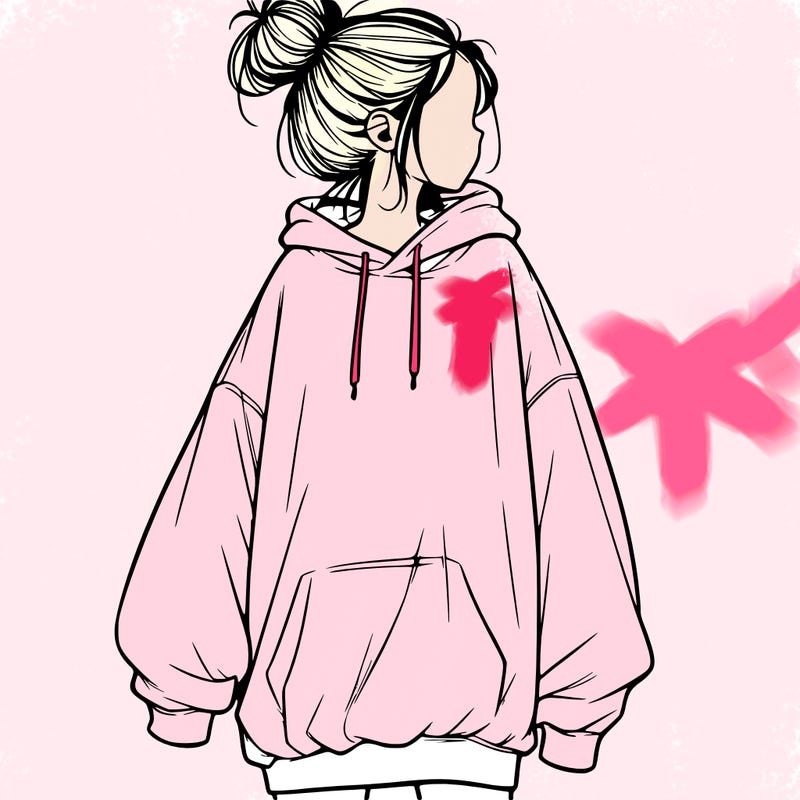 realistic girl with a oversized sweatshirt on and a bun