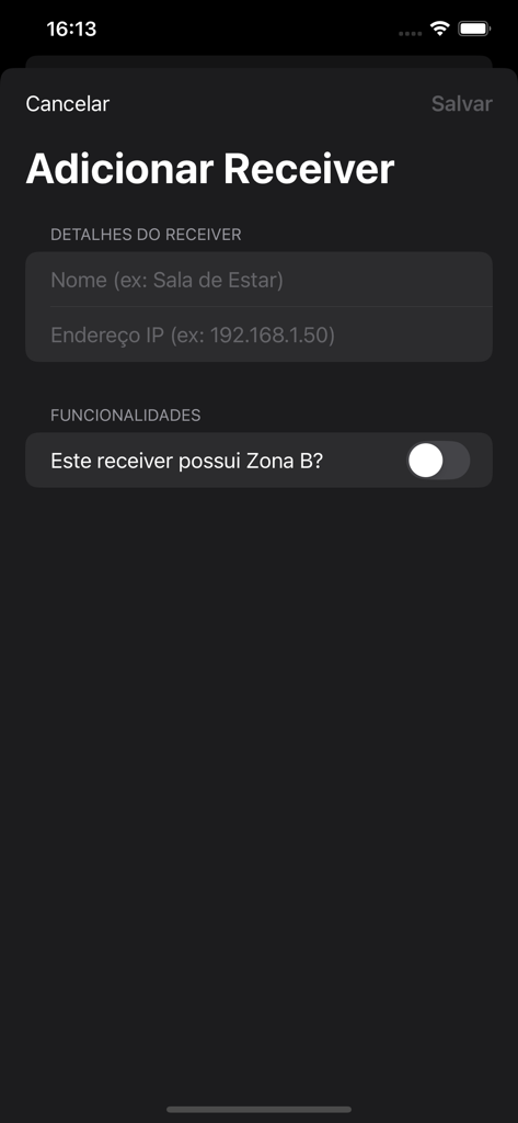 Better Remote - Interface do aplicativo Better Remote mostrando a tela Adicionar Receptor com campos para nome e endereço IP