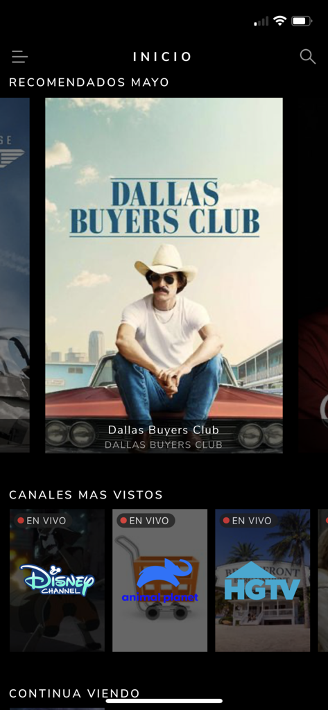 WAVE - Écran d'accueil de l'application WAVE montrant des recommandations de films comme Dallas Buyers Club et des chaînes de TV en direct incluant Disney et HGTV.