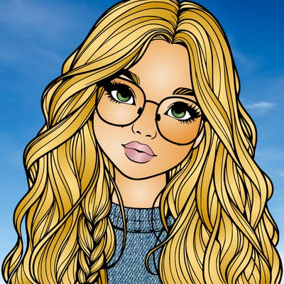 girl with long hair and freckles and glasses realistic