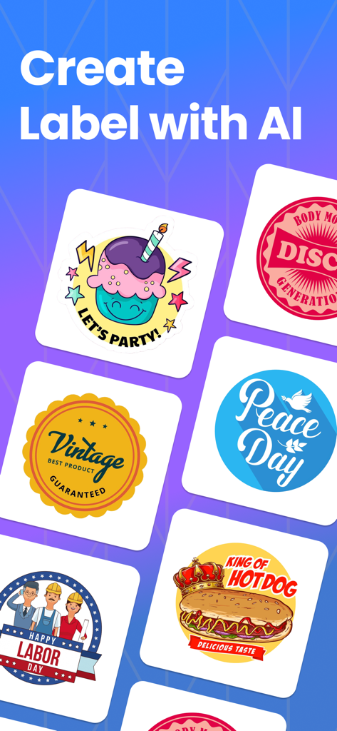 A collection of diverse AI-generated labels and stickers including vintage seals and food graphics