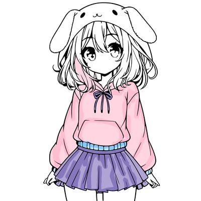 pretty anime girl wearing a fluffy hoodie with bunny ears on the hood and a skirt