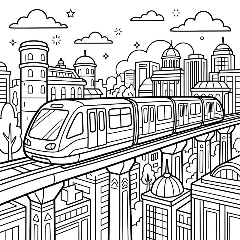 All aboard for a fantastic coloring journey! This exciting page features a modern monorail train cruising high above a bustling city, specially designed for young artists to enjoy.