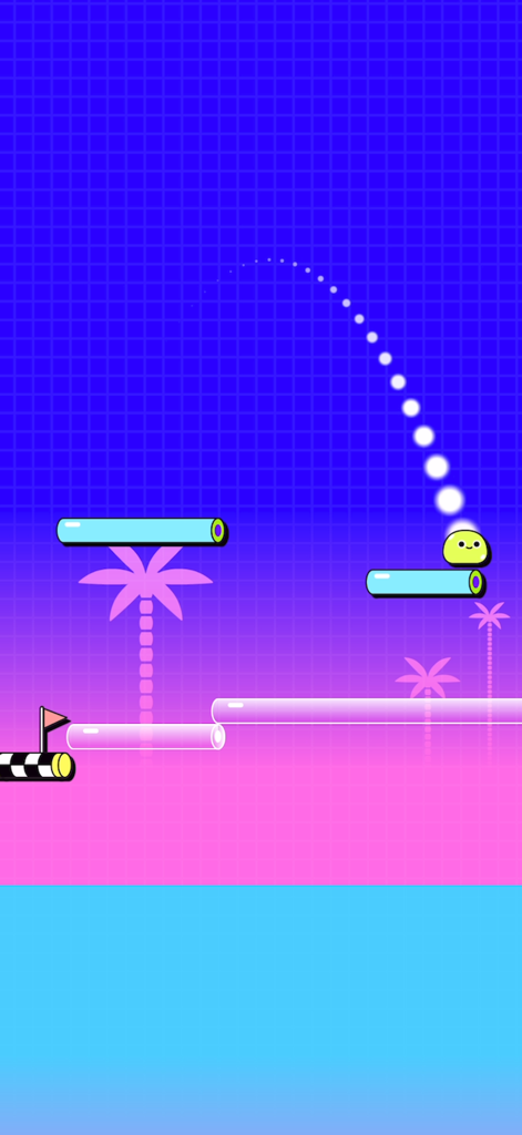 Un personaggio slime giallo che salta tra le piattaforme con una linea tratteggiata della traiettoria in Blumgi Slime