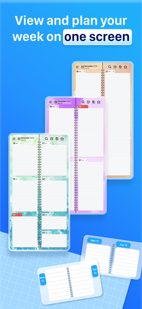 Digital weekly planner app featuring colorful paper-style notebook layouts.