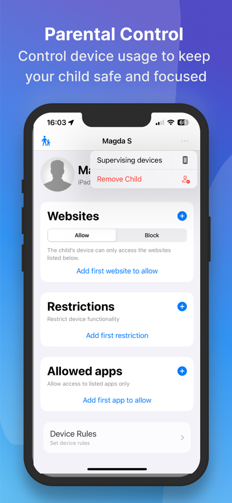 Jamf Parent - Jamf Parent app interface on an iPhone showing parental control settings for website access and app restrictions
