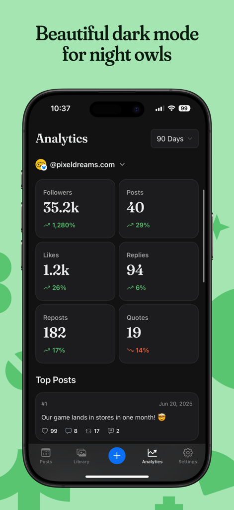 Postpone: Social Media Manager - Analysedashboard der Postpone App, das Social-Media-Engagement-Metriken im Dark Mode anzeigt.