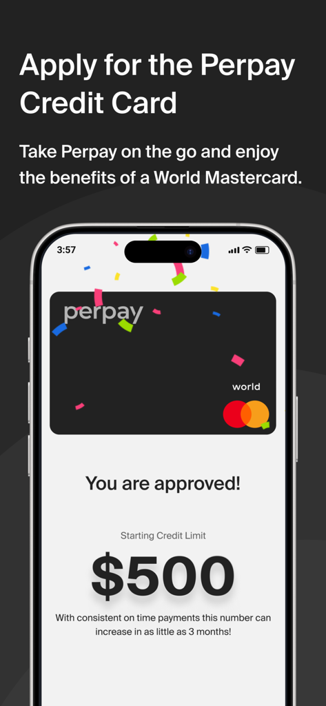 A Perpay app screen showing a credit card approval notification with a five hundred dollar starting credit limit