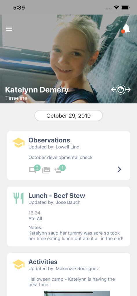 Little Vista Family app interface displaying a child's daily timeline with meal updates, developmental observations, and school activities