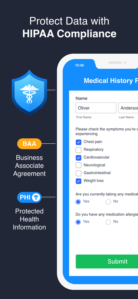 Jotform Health app screen displaying a secure medical history form with HIPAA compliance features and BAA protection