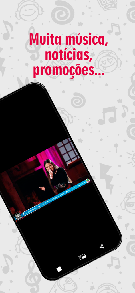 FM O Dia! - A smartphone screen showing a live video broadcast on the FM O Dia radio app with text for music and news