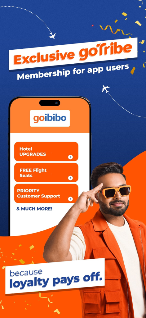 Goibibo App Go-Tribe-Mitgliedschaftswerbung mit Reisevorteilen wie Hotel-Upgrades und kostenlosen Flugsitzen