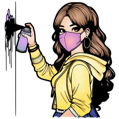 realistic girl with mask spray painting a wall