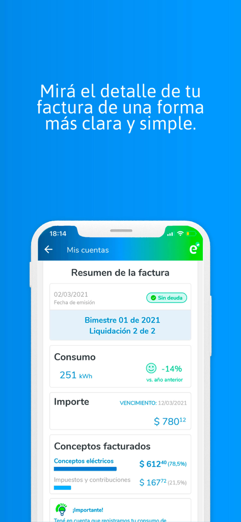 Interfaz de la app móvil edenordigital mostrando un resumen detallado de una factura de electricidad y datos de consumo.