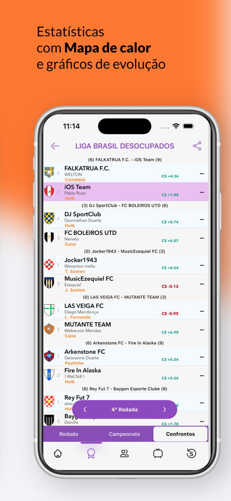 Parciais FC Cartolando - Mobile app interface showing fantasy soccer league team matchups and real-time points