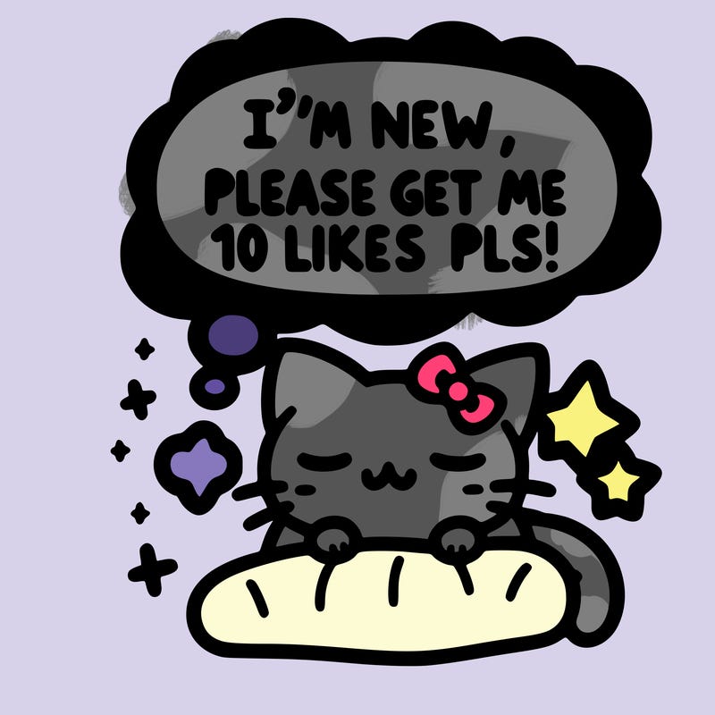 kitty taking a nap dream talking and saying "i'm new, please get me at least 10 likes pls!!"