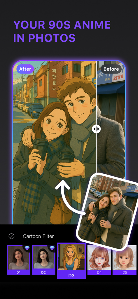 LoopArt - 3D Photo & Morph - LoopArt 90년대 애니메이션 만화 필터를 사용한 전후 사진 비교