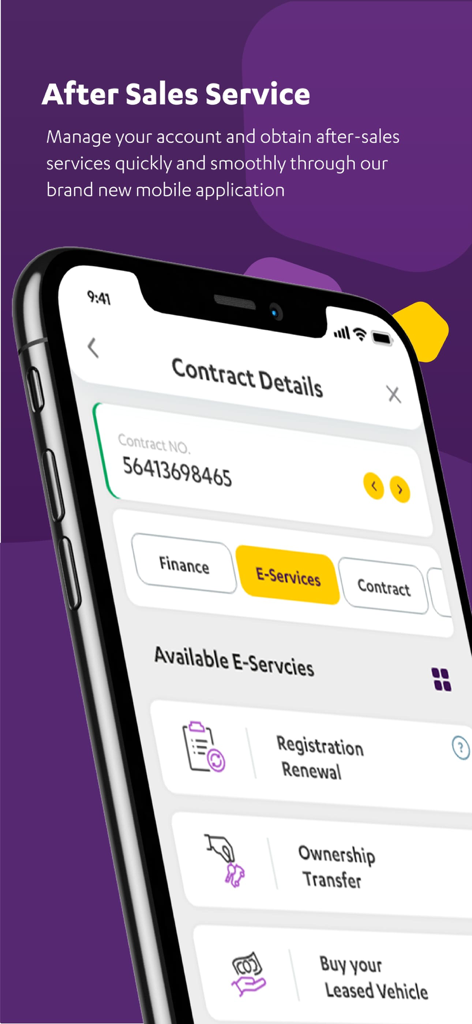Alj Finance app screen showing after sales services including registration renewal and ownership transfer