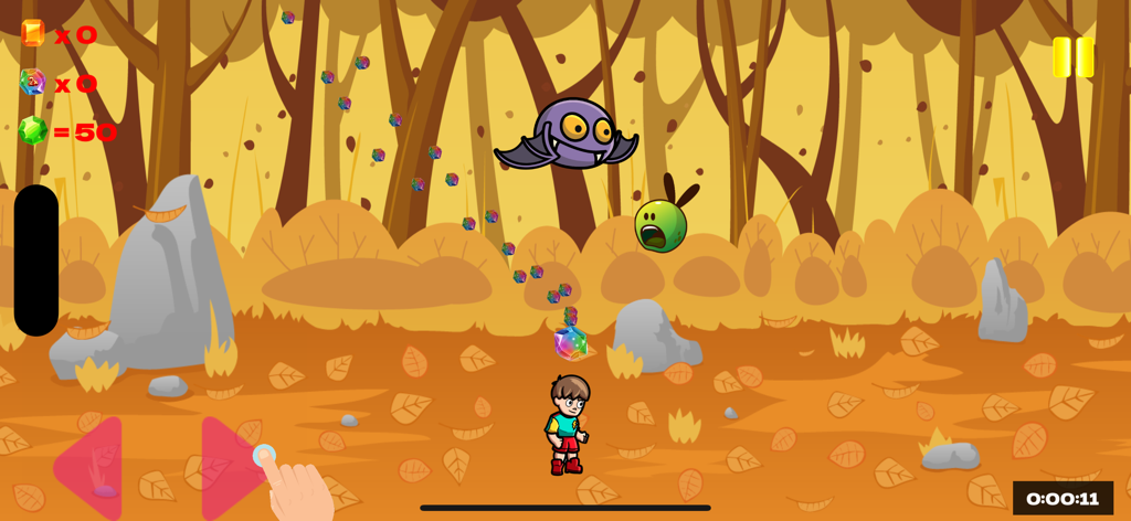 숲에서 몬스터를 피하고 보석을 수집하는 영웅을 보여주는 GL Show Power의 게임 플레이.