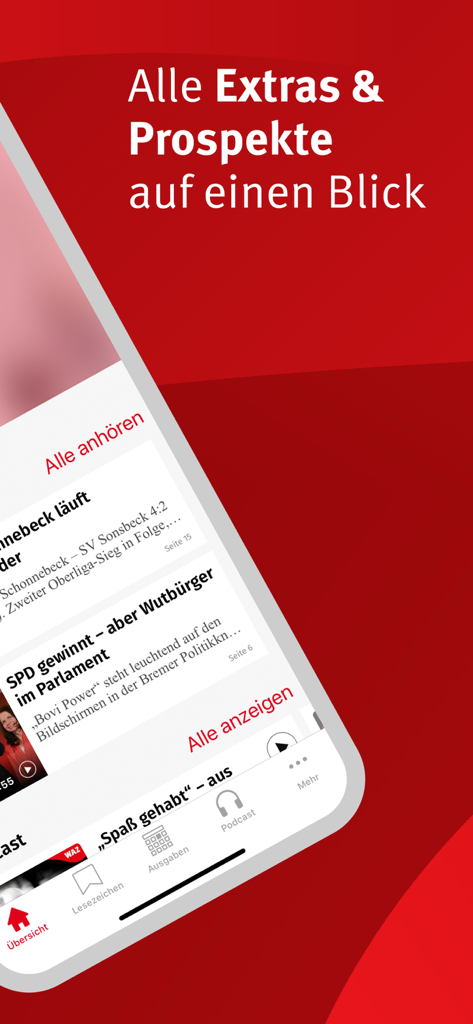 WAZ E-Paper - WAZ E-Paper App-Oberfläche, die die Übersicht über Extras und Broschüren auf Deutsch anzeigt