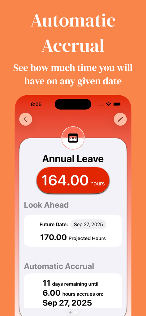 My Time Off Tracker 2 - Screenshot of My Time Off Tracker 2 app showing automatic accrual and look ahead PTO forecasting features
