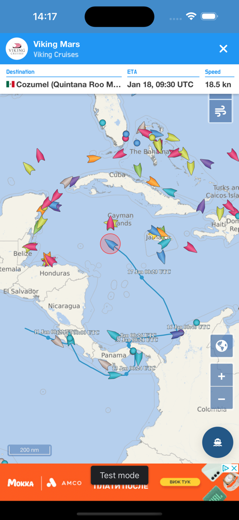 Un mapa en tiempo real en la aplicación CruiseMapper que muestra las posiciones de cruceros en el Caribe e información de seguimiento detallada para el Viking Mars.