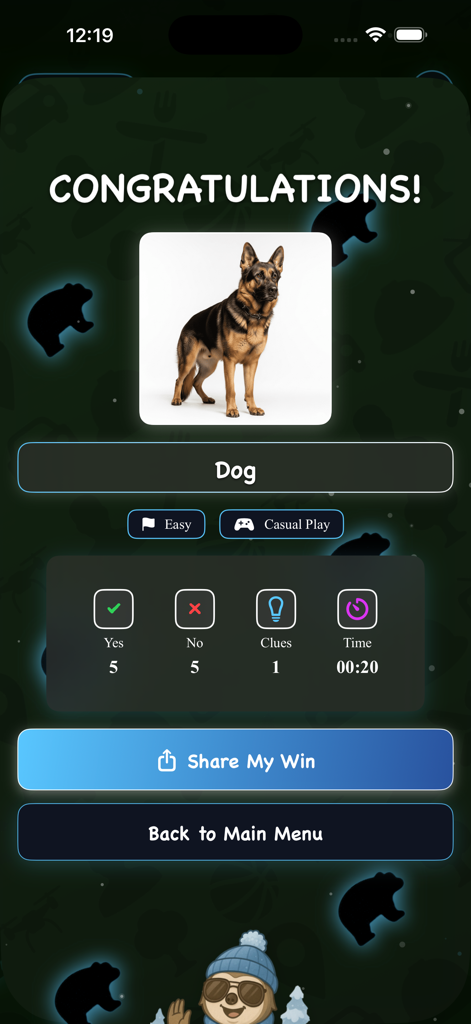 Congratulations screen in 2Q 20 Questions game showing a correctly guessed dog and game statistics