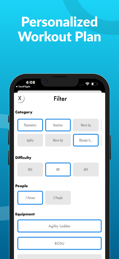 Plyometric Training Workouts - Capture d'écran de l'application mobile affichant les options de filtrage des entraînements, notamment la catégorie d'entraînement, le niveau de difficulté et le matériel requis.