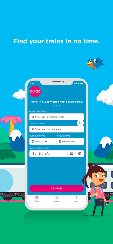 OUIGO Spain app search screen for high speed train tickets