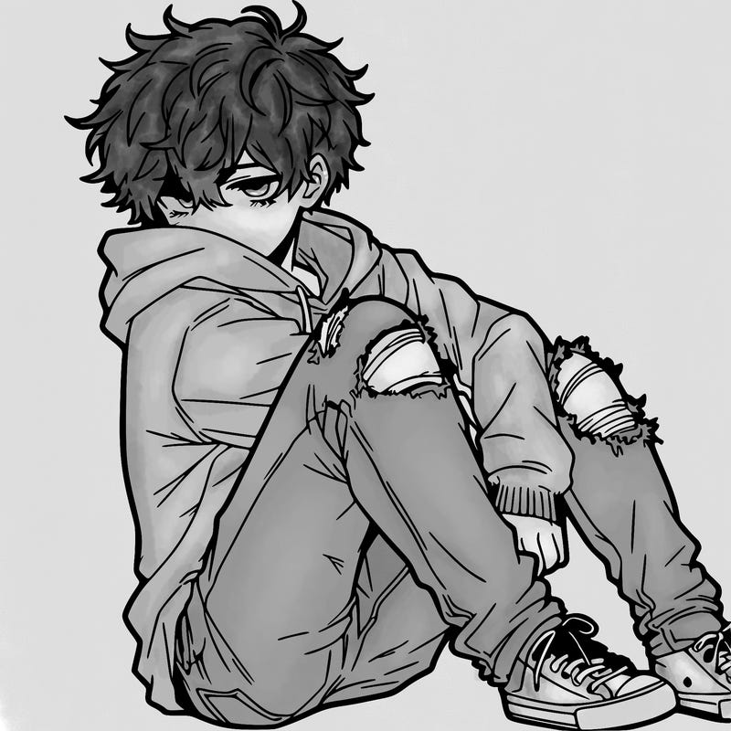 a male hoddie ripped jeans messy hair anime