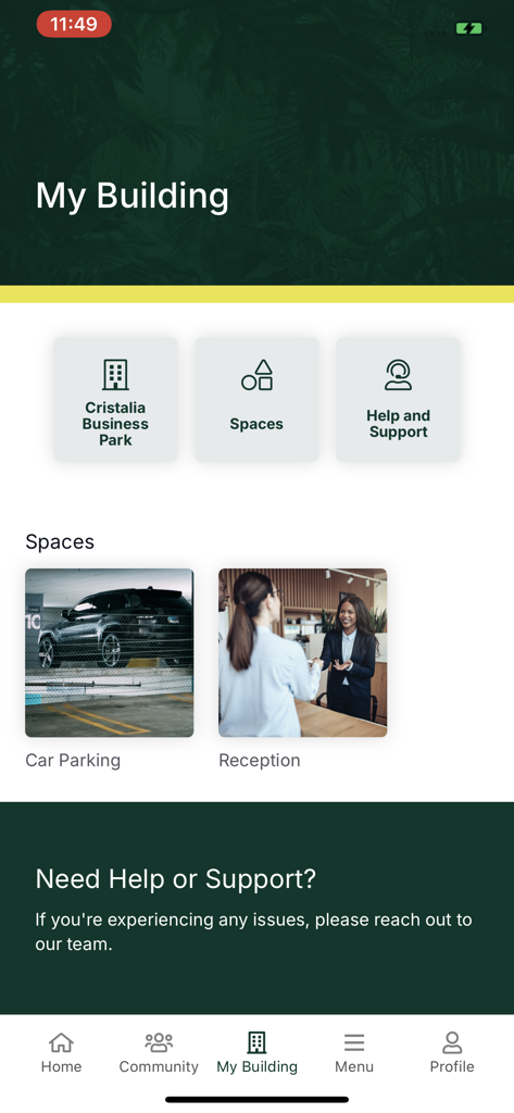 Cristalia - Pantalla Mi Edificio de la aplicación Cristalia que muestra servicios de estacionamiento y recepción.