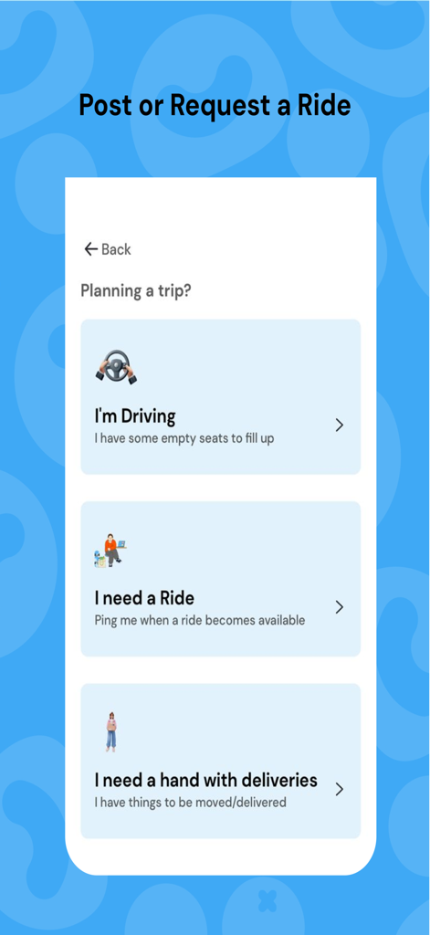 MyCoPilot - Ride sharing - MyCoPilot app screen showing options to offer a ride request a ride or ask for delivery assistance