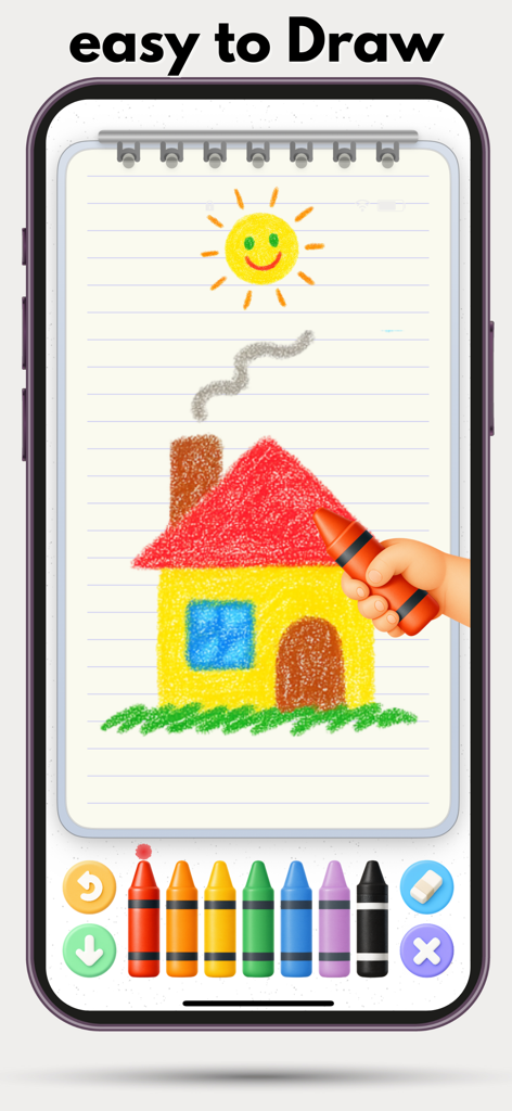 Doodle Coloring - draw & paint - A child drawing a house and sun on a smartphone screen using a virtual crayon palette in the Doodle Coloring app.