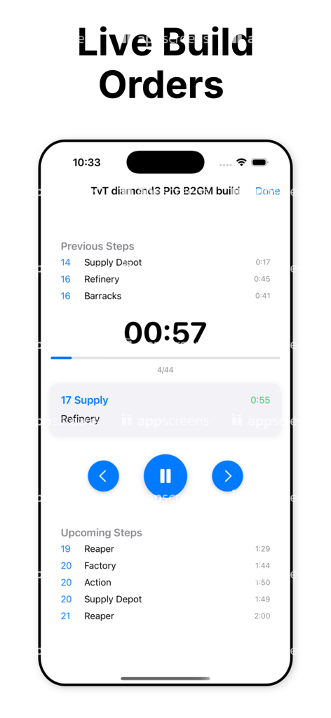 Temporizador interactivo de órdenes de construcción de Starcraft 2 que muestra los pasos de juego en vivo y los tiempos de estrategia