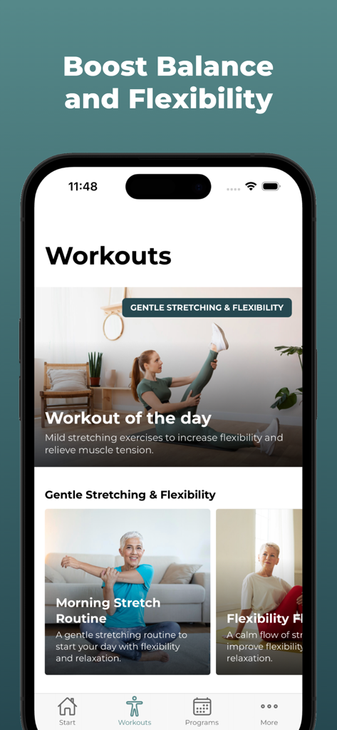Home Workout For Seniors - Interfaz de una aplicación móvil para Entrenamiento en casa para personas mayores que muestra rutinas de estiramiento y ejercicios de flexibilidad suaves.