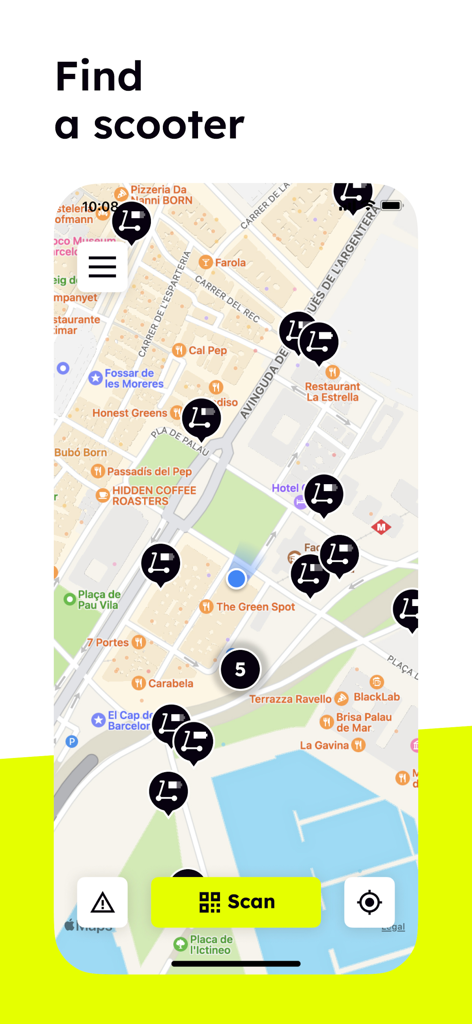Map view of the Superpedestrian app showing available e-scooters nearby with a scan button.