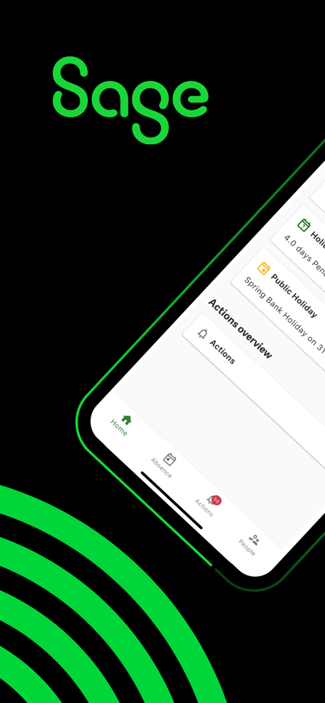Sage People - Startbildschirm der Sage People Mobile App mit Übersicht über Aktionen und Details zu Feiertagen