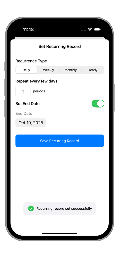 Interface for setting up daily or monthly recurring records in the Wallet Money Manager app.