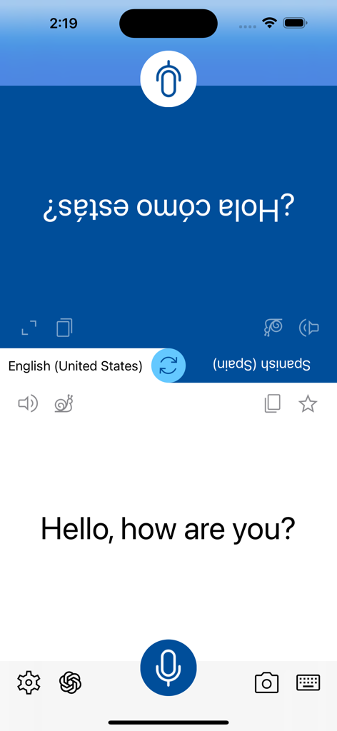 Instant Voice Translate split-screen interface for real-time bilingual conversation between English and Spanish.